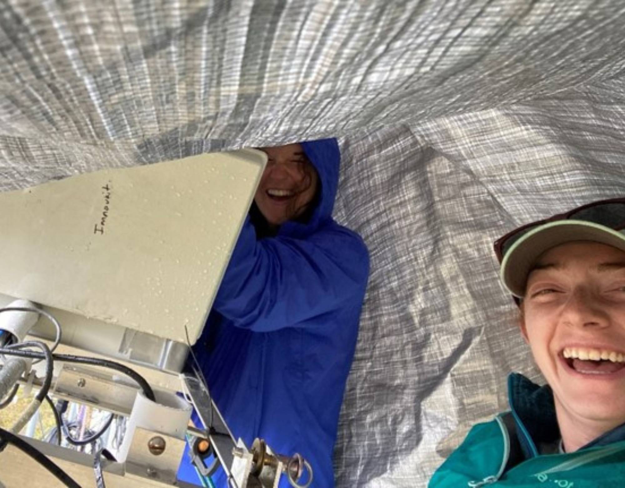 Sarah and Caroline wrap up the Imnavait tram in the rain